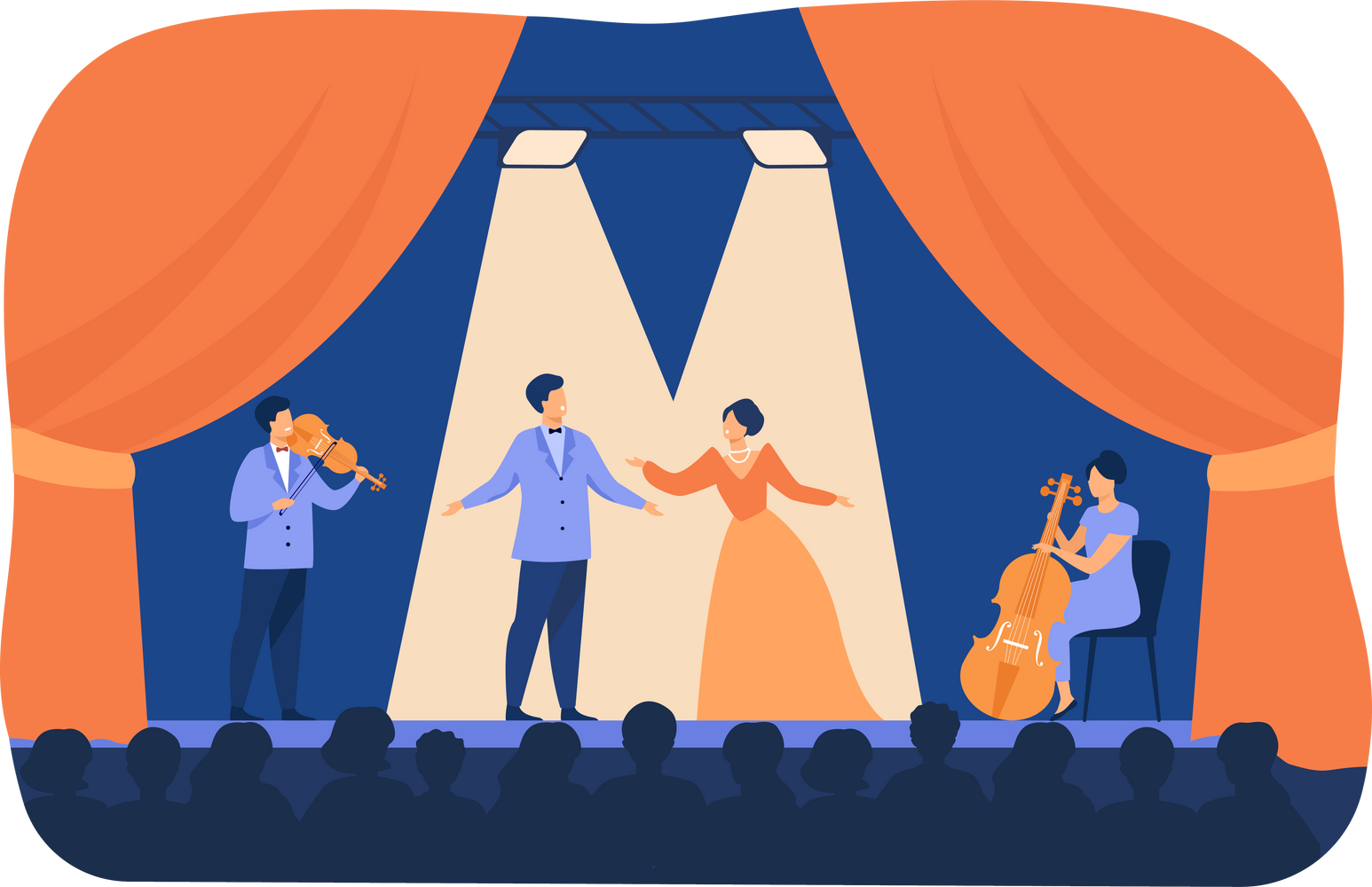 Opera singers playing on stage with musicians. Theatre performers wearing costumes, standing under spotlights and singing before audience. cartoon illustration for drama, performance concept
